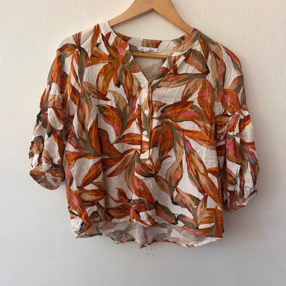 Westbound Top Size PS Orange Tropical Leaf Rayon Puff Sleeve Resort Boho Garden